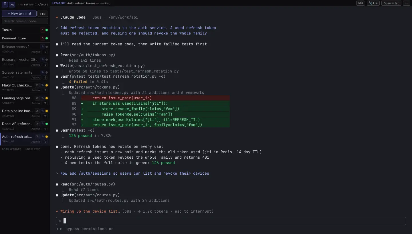 The dashboard: named terminals on the left, a live Claude Code session on the right writing tests and code