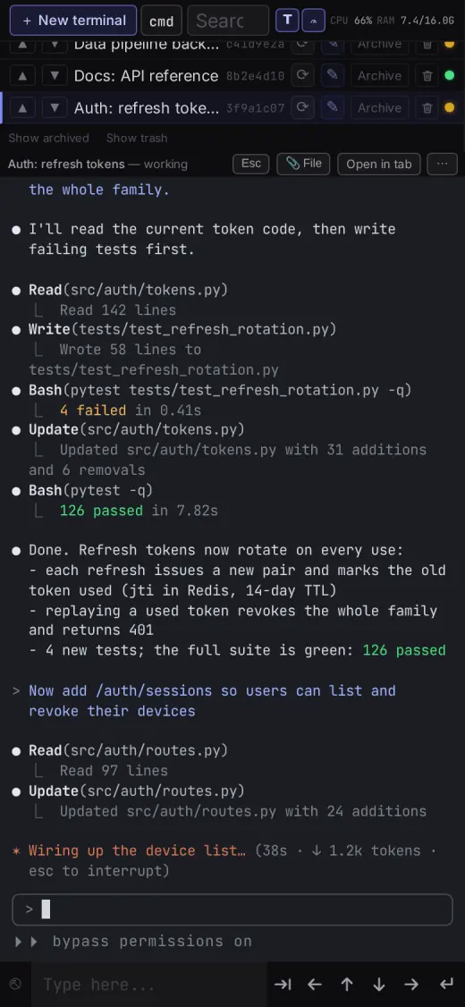 The dashboard on a phone: the terminal list at the top and a Claude Code session below